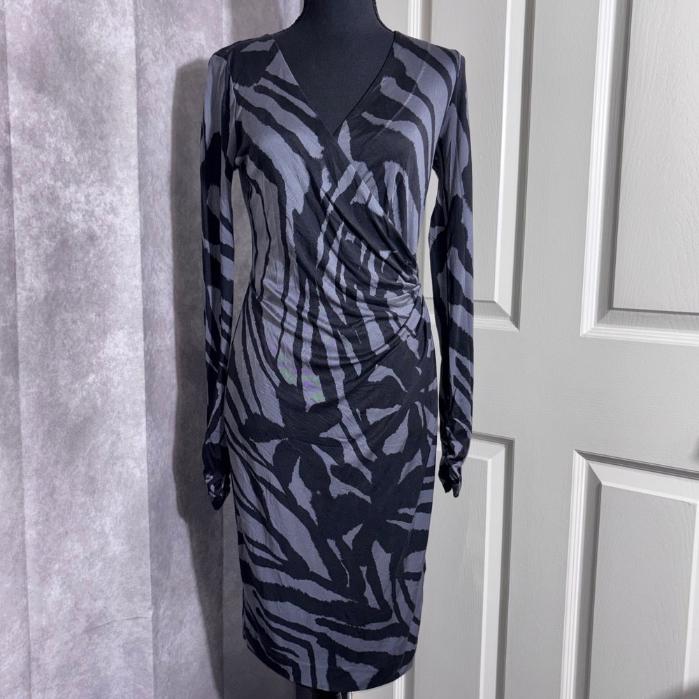 Tory Burch Sz Small 100% Silk Thamara Jersey Faux Wrap Dress Gray Black
